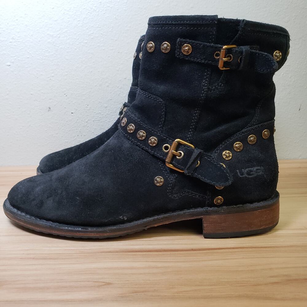 UGG Women's 9‎ Fabrizia Studded Ankle Booties Black Suede Leather Moto Grunge